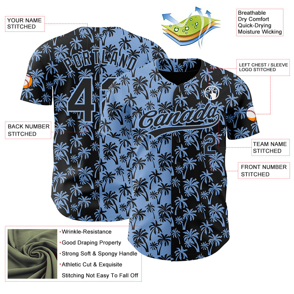 Custom Light Blue Black 3D Pattern Design Tropical Hawaii Palm Trees Authentic Baseball Jersey