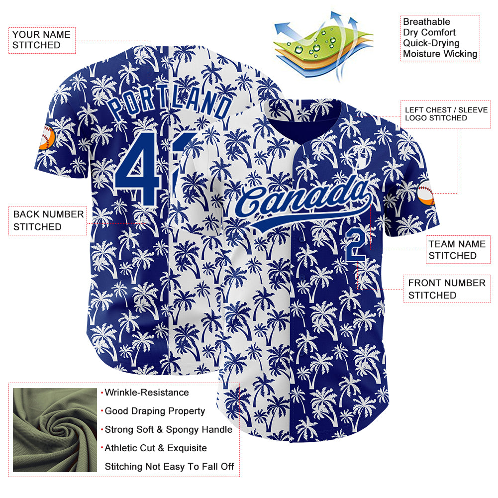 Custom White Royal 3D Pattern Design Tropical Hawaii Palm Trees Authentic Baseball Jersey