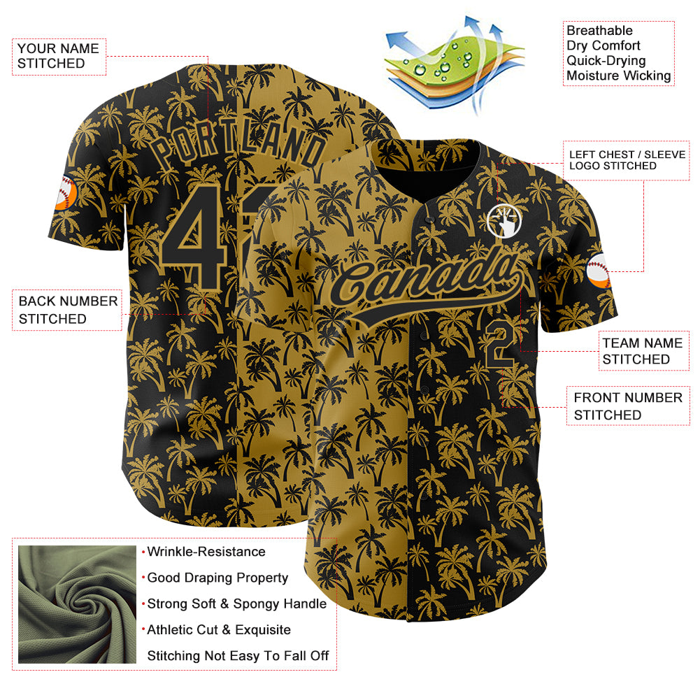 Custom Old Gold Black 3D Pattern Design Tropical Hawaii Palm Trees Authentic Baseball Jersey