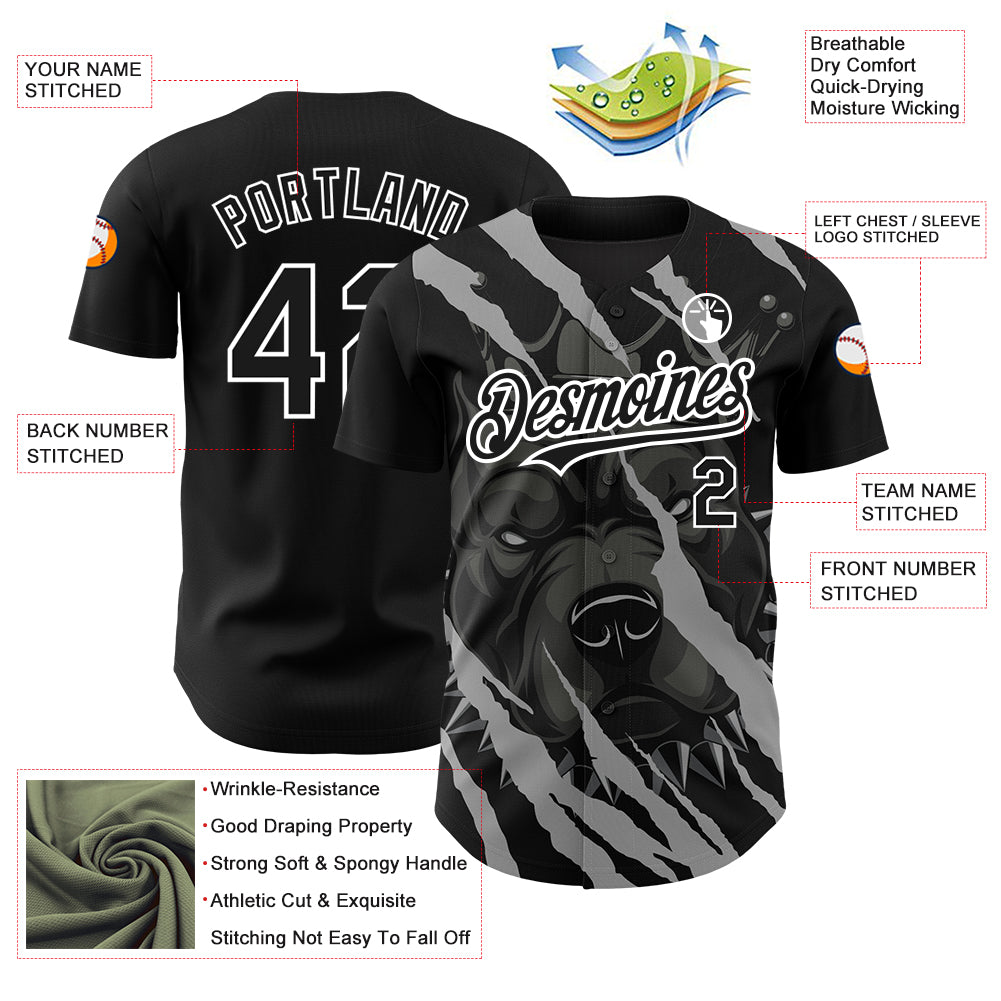 Custom Black White 3D Pattern Design Animal Pitbull Dog Authentic Baseball Jersey