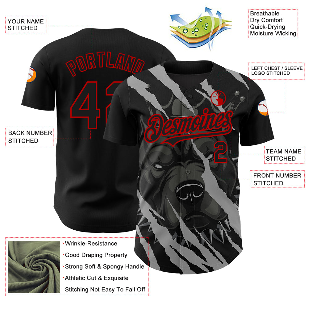 Custom Black Red 3D Pattern Design Animal Pitbull Dog Authentic Baseball Jersey