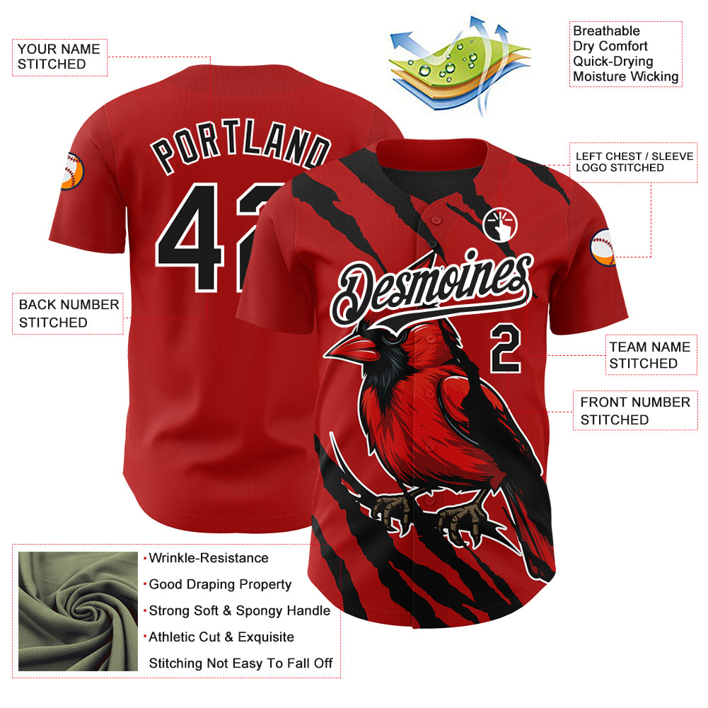 Custom Red Black-White 3D Pattern Design Animal Cardinal Bird Authentic Baseball Jersey