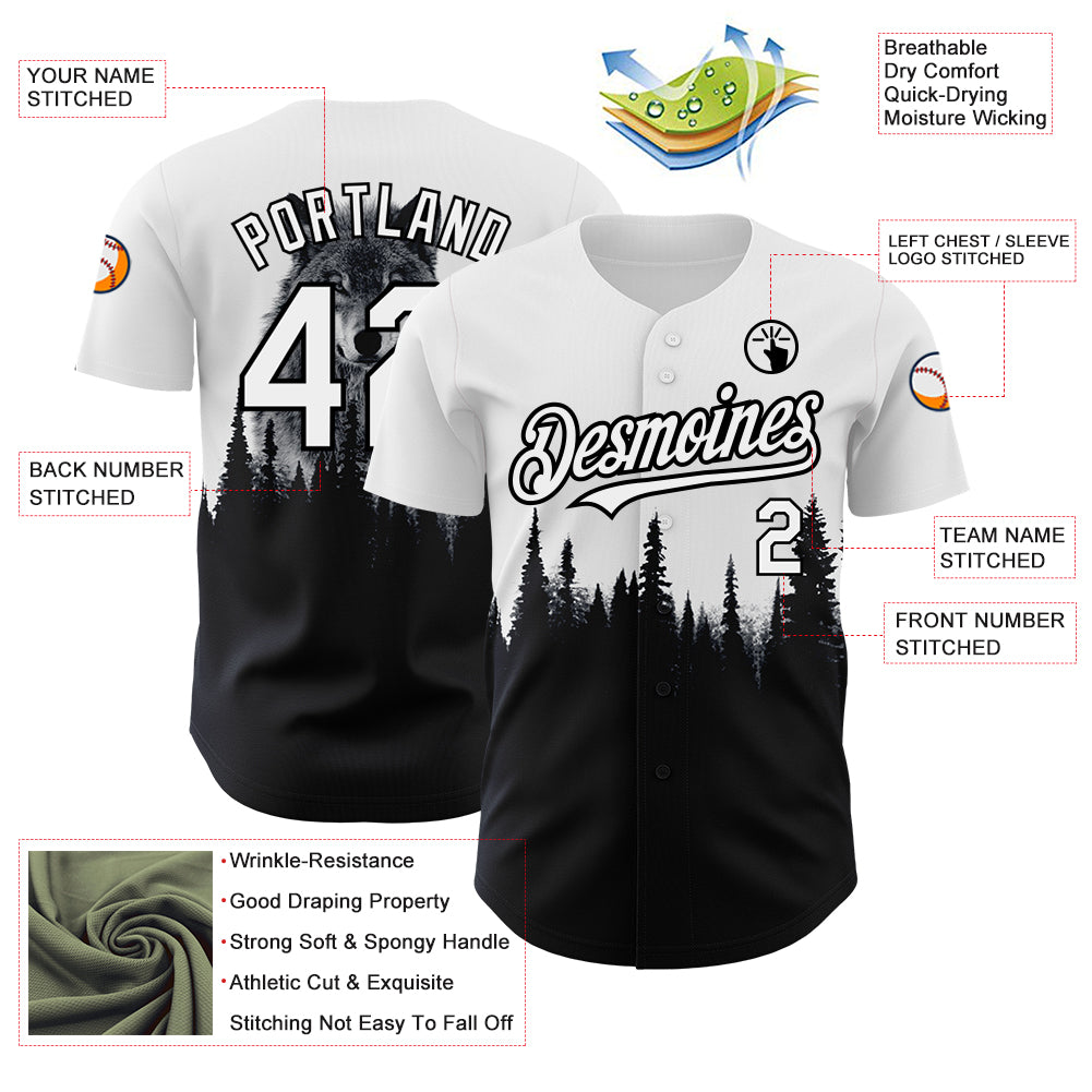 Custom White Black 3D Pattern Design Animal Wolf Authentic Baseball Jersey