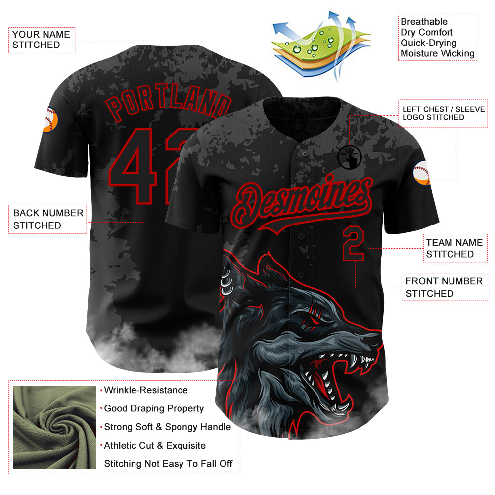 Custom Black Red 3D Pattern Design Animal Wolf Authentic Baseball Jersey