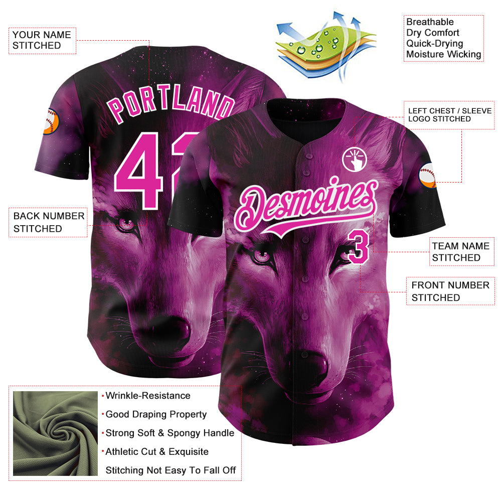 Custom Pink White 3D Pattern Design Animal Wolf Authentic Baseball Jersey
