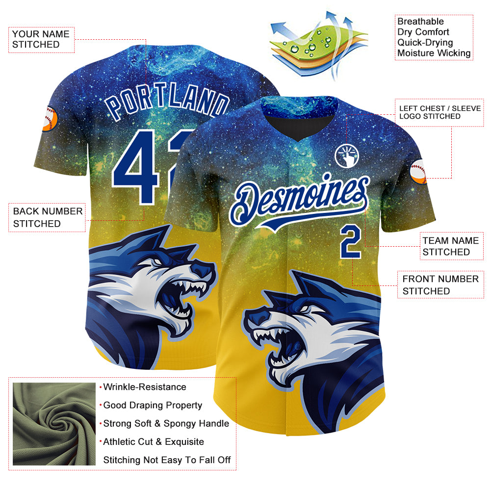 Custom Yellow Royal-White 3D Pattern Design Animal Wolf Authentic Baseball Jersey