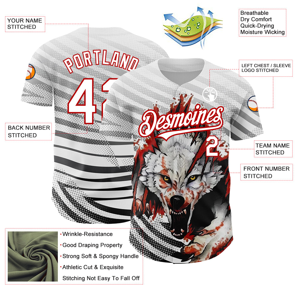 Custom White Red 3D Pattern Design Animal Wolf Authentic Baseball Jersey