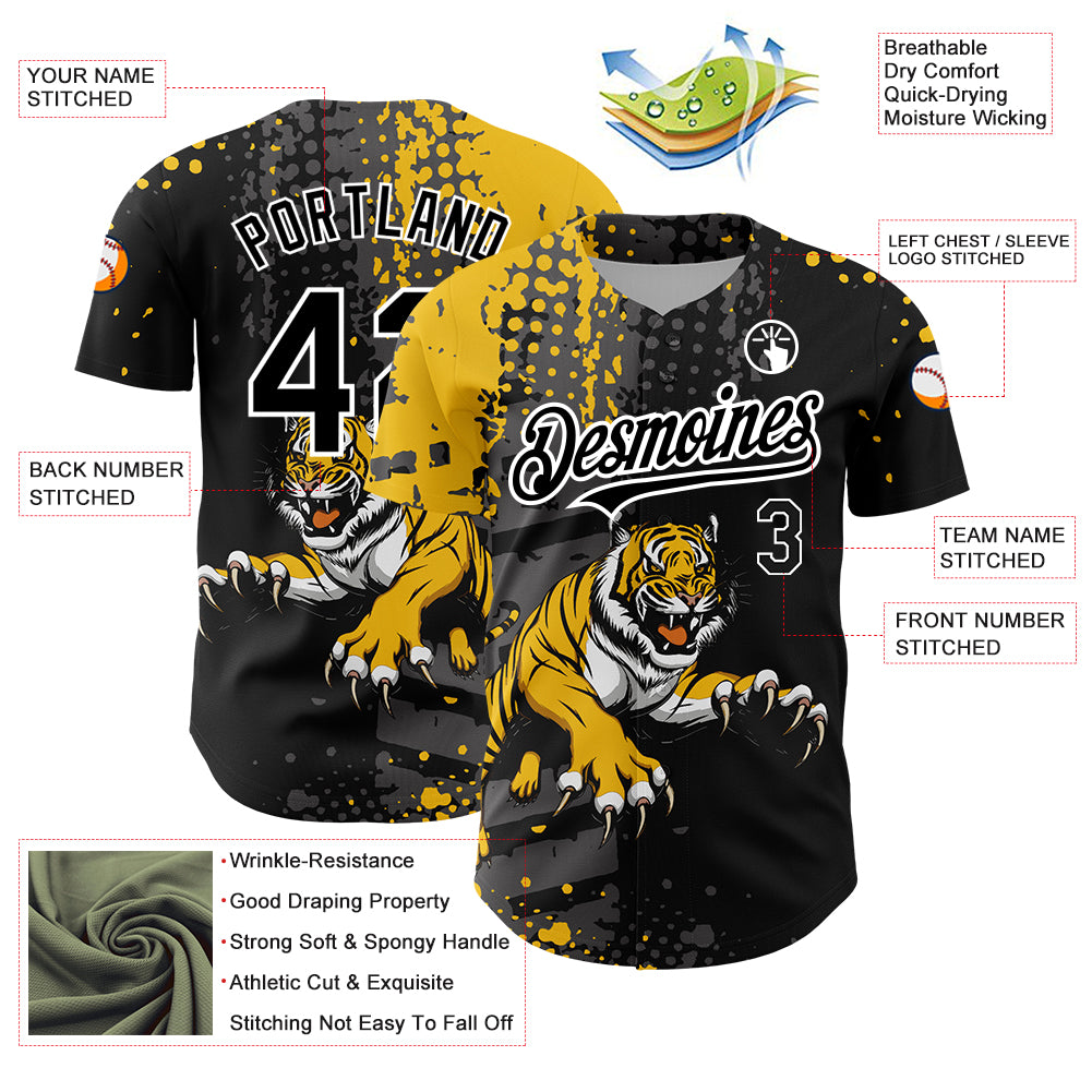 Custom Black Yellow-White 3D Pattern Design Animal Tiger Authentic Baseball Jersey