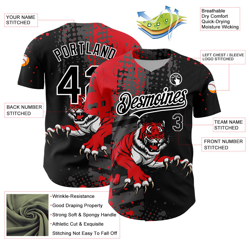Custom Black Red-White 3D Pattern Design Animal Tiger Authentic Baseball Jersey
