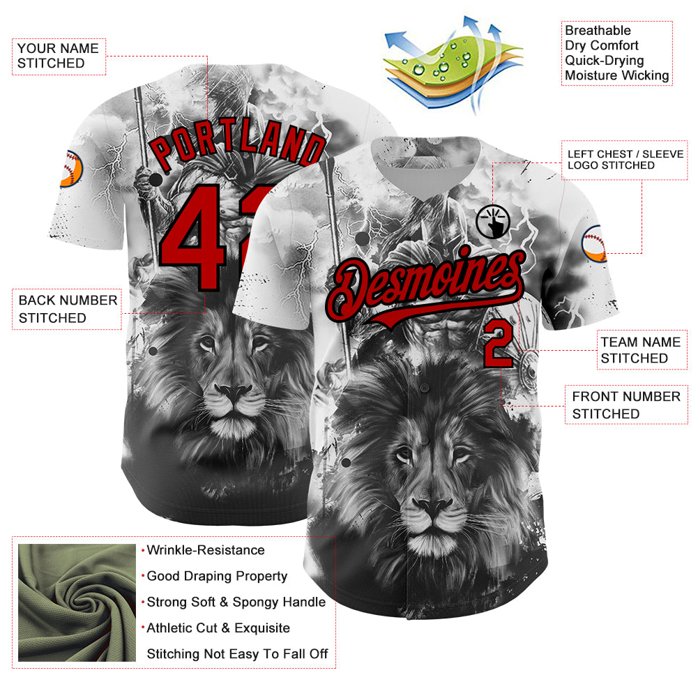 Custom White Red-Black 3D Pattern Design Animal Lion Authentic Baseball Jersey