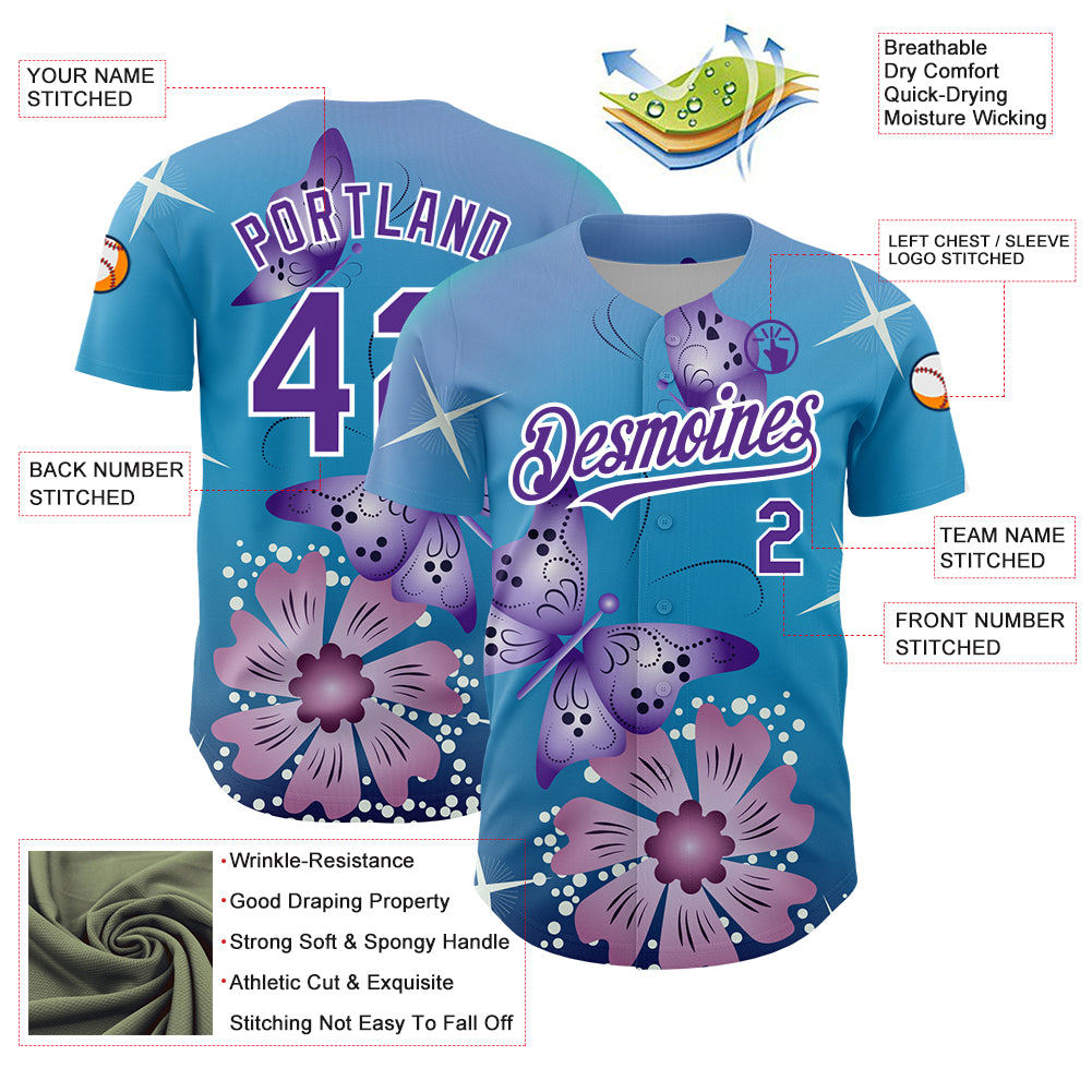 Custom Light Blue Purple-White 3D Pattern Design Animal Butterfly And Flower Authentic Baseball Jersey