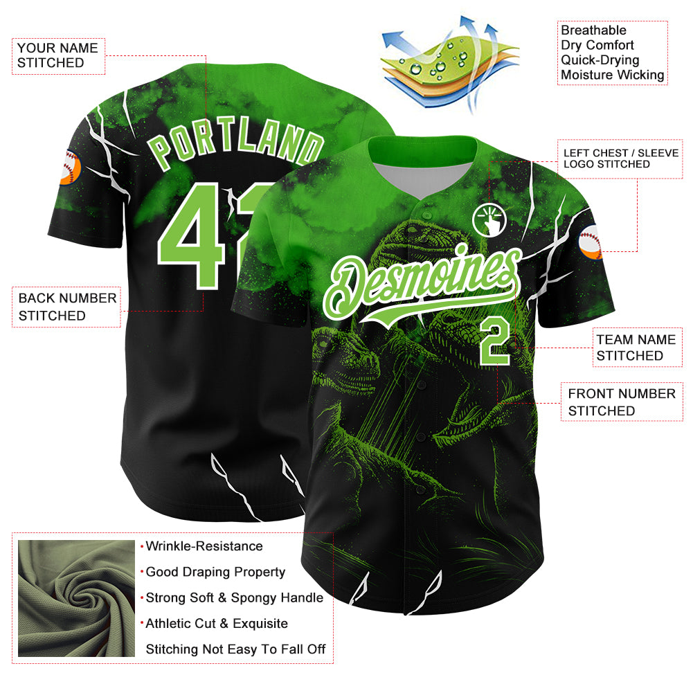 Custom Black Neon Green-White 3D Pattern Design Animal Dinosaur Authentic Baseball Jersey