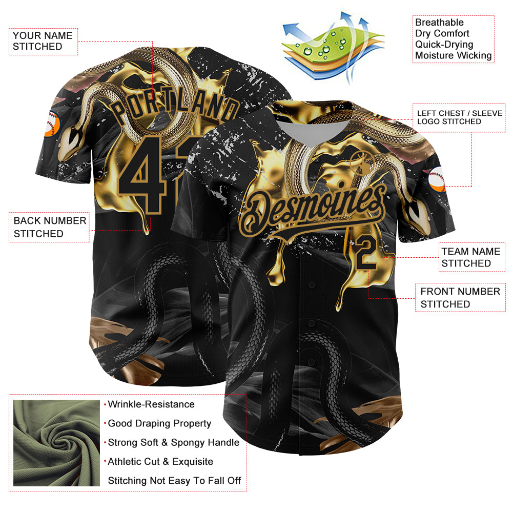 Custom Black Old Gold 3D Pattern Design Animal Snake Authentic Baseball Jersey