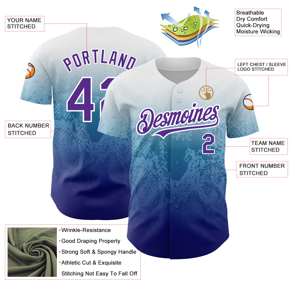 Custom White Purple-Royal 3D Pattern Design Gradient Style Animal Snake Authentic Baseball Jersey