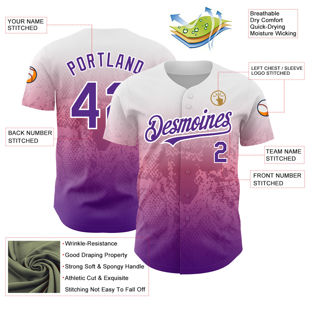 Custom White Purple-Pink 3D Pattern Design Gradient Style Animal Snake Authentic Baseball Jersey