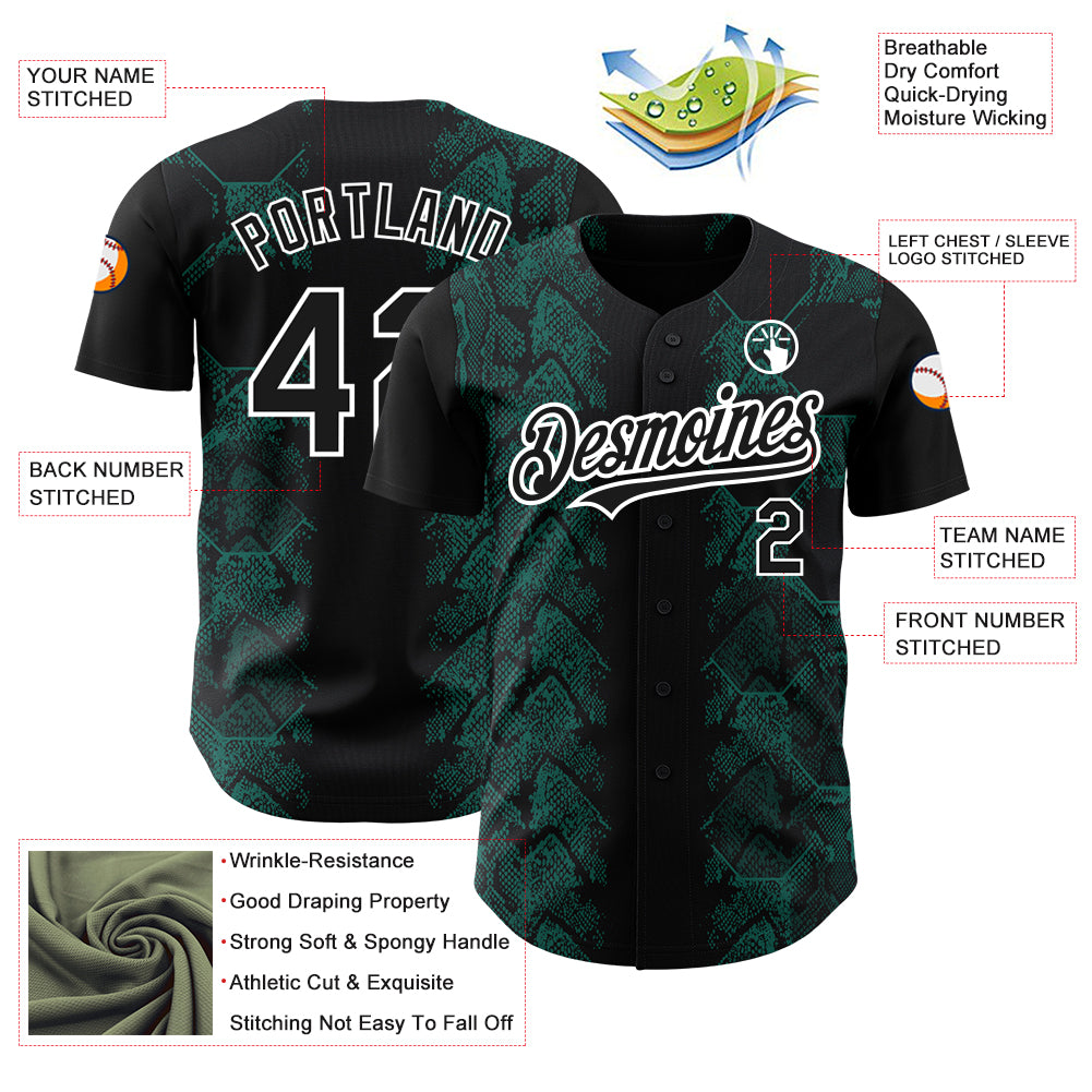 Custom Black Midnight Green-White 3D Pattern Design Animal Snake Authentic Baseball Jersey