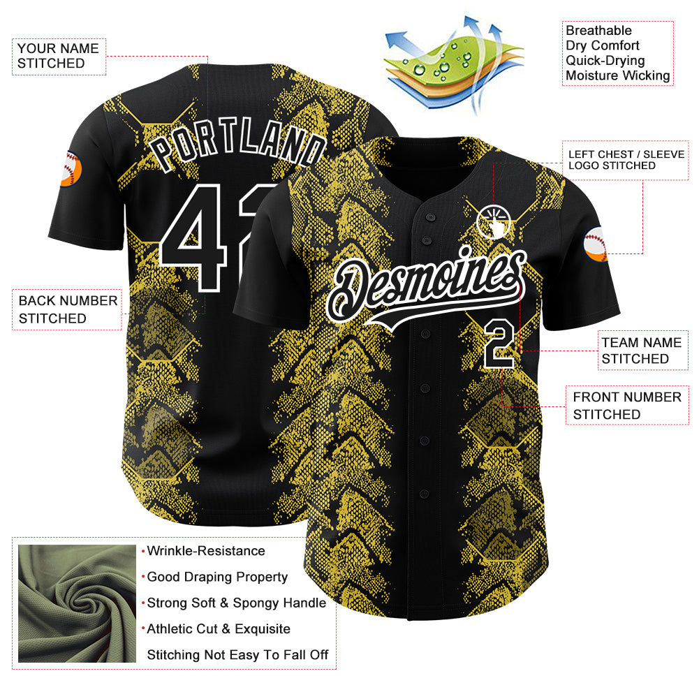 Custom Black Yellow-White 3D Pattern Design Animal Snake Authentic Baseball Jersey