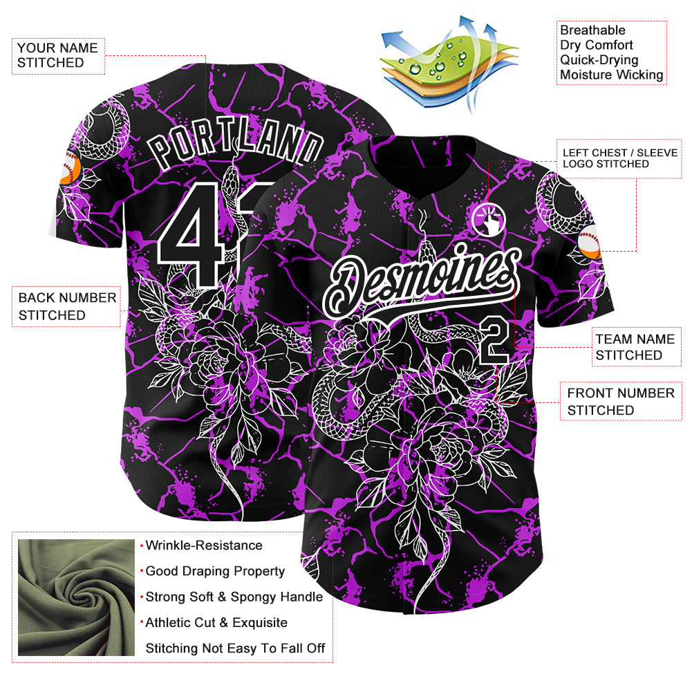 Custom Black Purple-White 3D Pattern Design Animal Snake Authentic Baseball Jersey