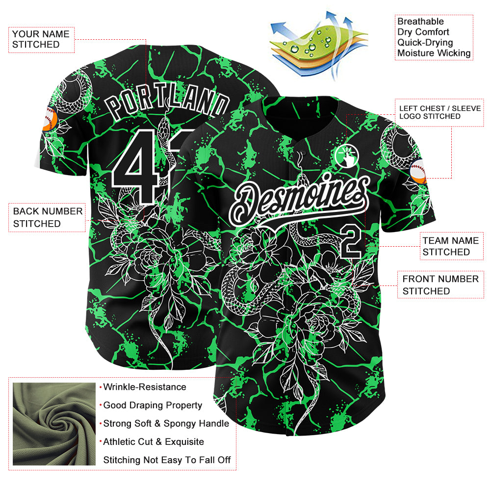 Custom Black Neon Green-White 3D Pattern Design Animal Snake Authentic Baseball Jersey
