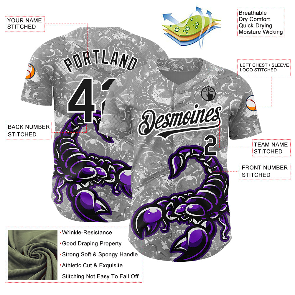 Custom Gray Black-White 3D Pattern Design Animal Scorpion Authentic Baseball Jersey