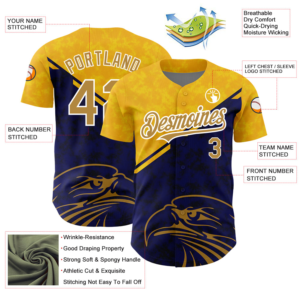 Custom Yellow Old Gold-Navy 3D Pattern Design Animal Eagle Authentic Baseball Jersey
