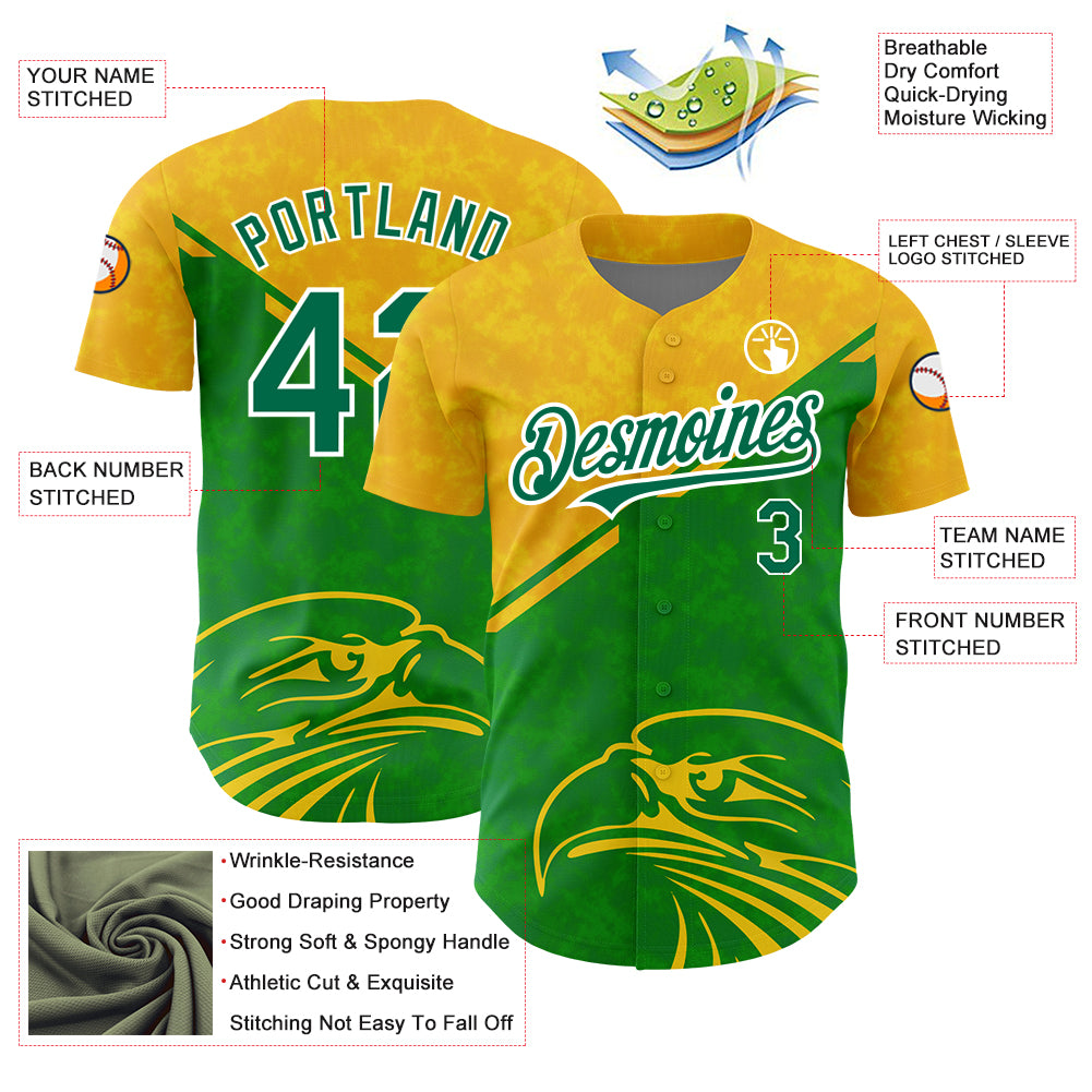 Custom Yellow Kelly Green-White 3D Pattern Design Animal Eagle Authentic Baseball Jersey