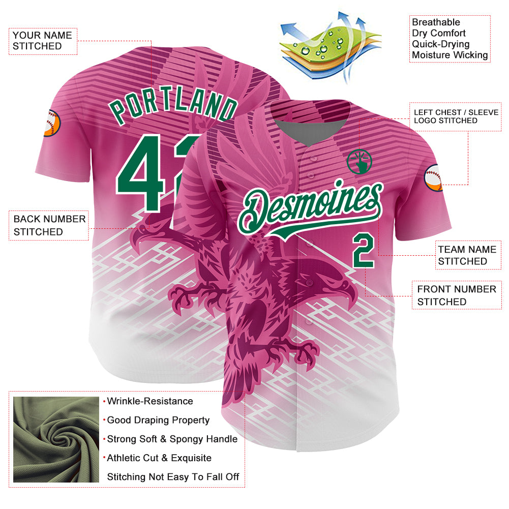 Custom Pink Kelly Green-White 3D Pattern Design Animal Eagle Authentic Baseball Jersey