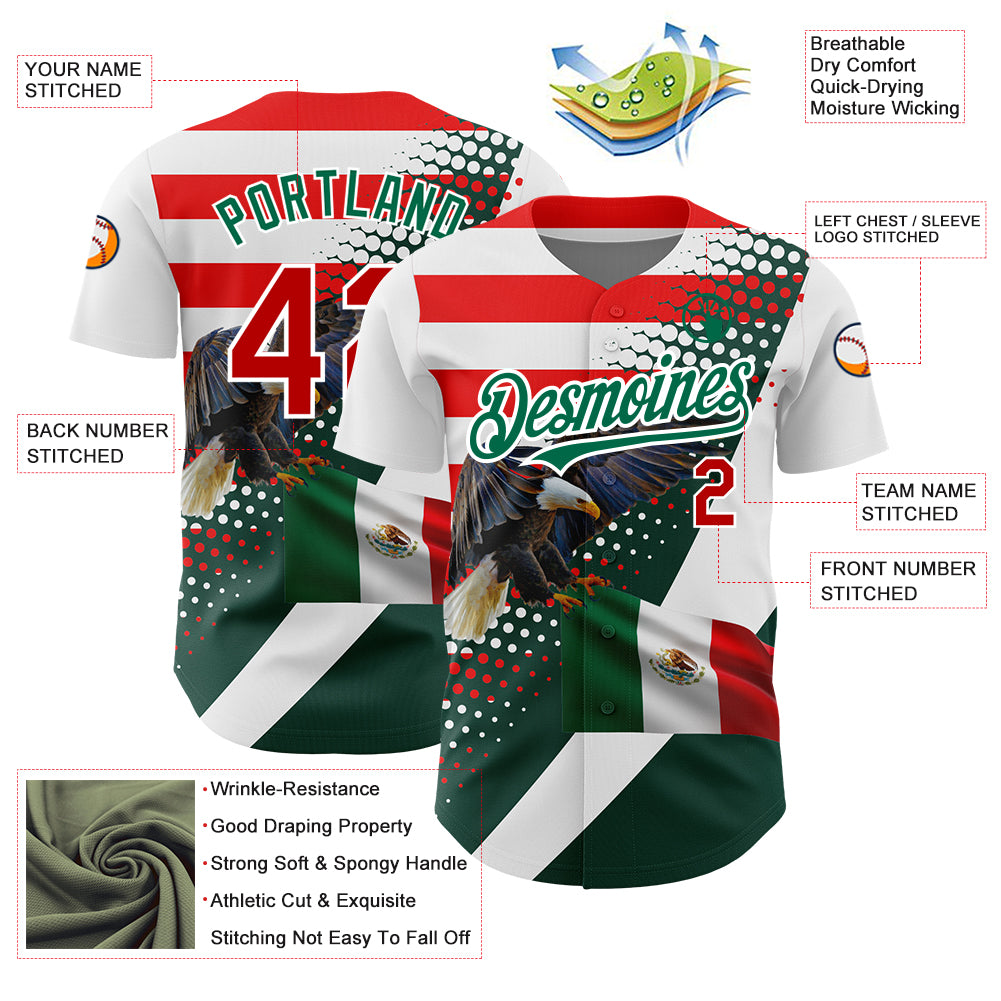 Custom White Red-Kelly Green 3D Mexico Authentic Baseball Jersey