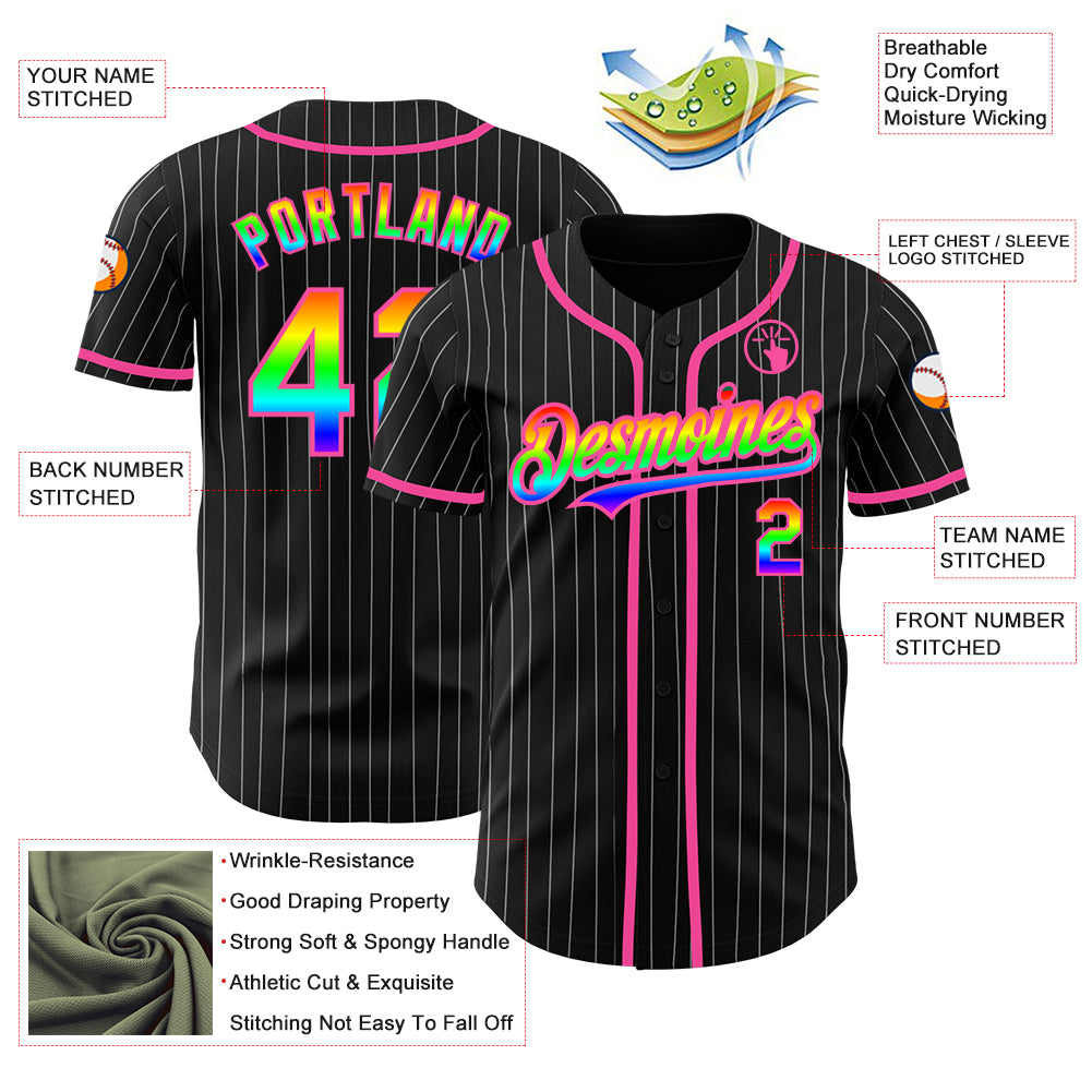 Custom Black White Pinstripe Rainbow-Pink 3D Authentic Baseball Jersey ...