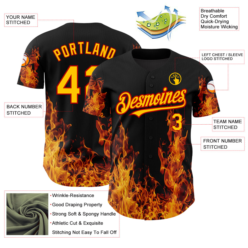 Custom Black Red-Yellow 3D Pattern Design Flame Authentic Baseball Jersey