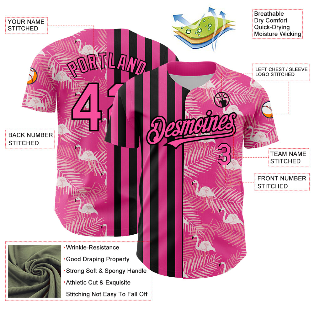 Custom Pink Black 3D Pattern Design Tropical Palm Leaves And Famingo Authentic Baseball Jersey