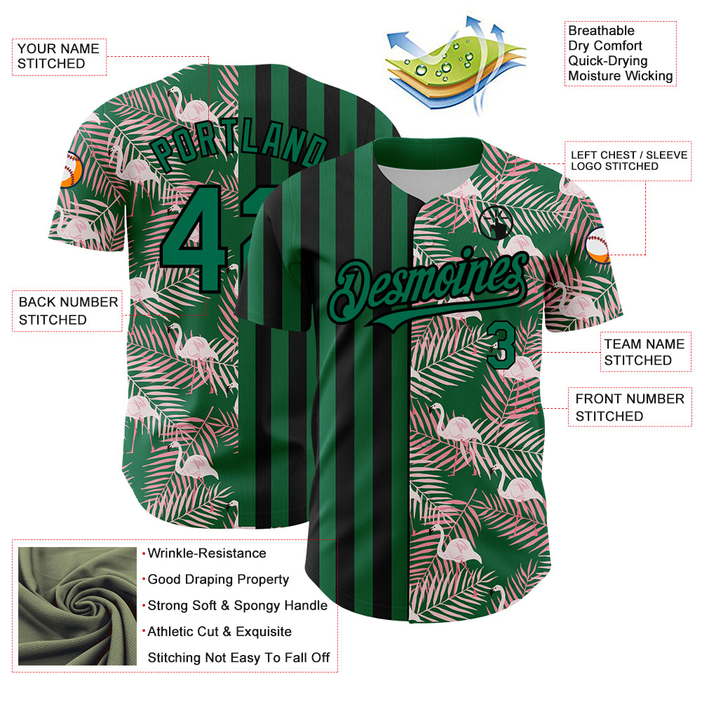 Custom Kelly Green Black 3D Pattern Design Tropical Palm Leaves And Famingo Authentic Baseball Jersey