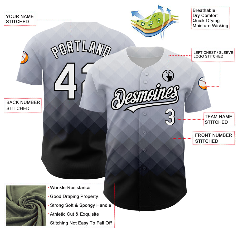 Custom Gray White-Black 3D Pattern Design Square Authentic Baseball Jersey