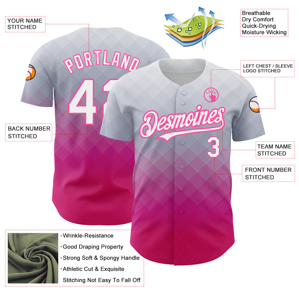 Custom Gray White-Pink 3D Pattern Design Square Authentic Baseball Jersey
