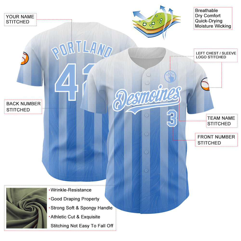 Custom White Light Blue 3D Pattern Design Stripes Authentic Baseball Jersey