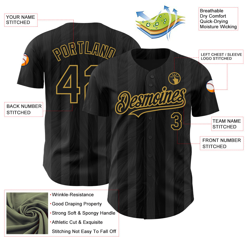Custom Black Old Gold 3D Pattern Design Stripes Authentic Baseball Jersey