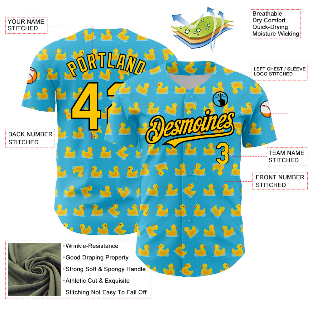 Custom Sky Blue Yellow-Black 3D Pattern Design Duck Authentic Baseball Jersey