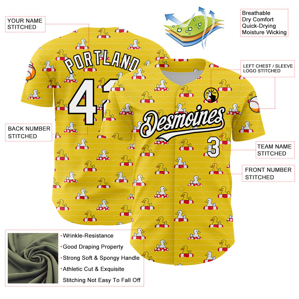 Custom Yellow White-Black 3D Pattern Design Duck Authentic Baseball Jersey