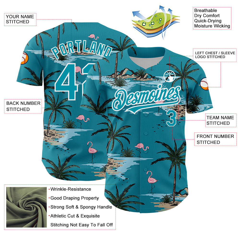 Custom Teal White 3D Pattern Design Tropical Hawaii Palm Trees Authentic Baseball Jersey