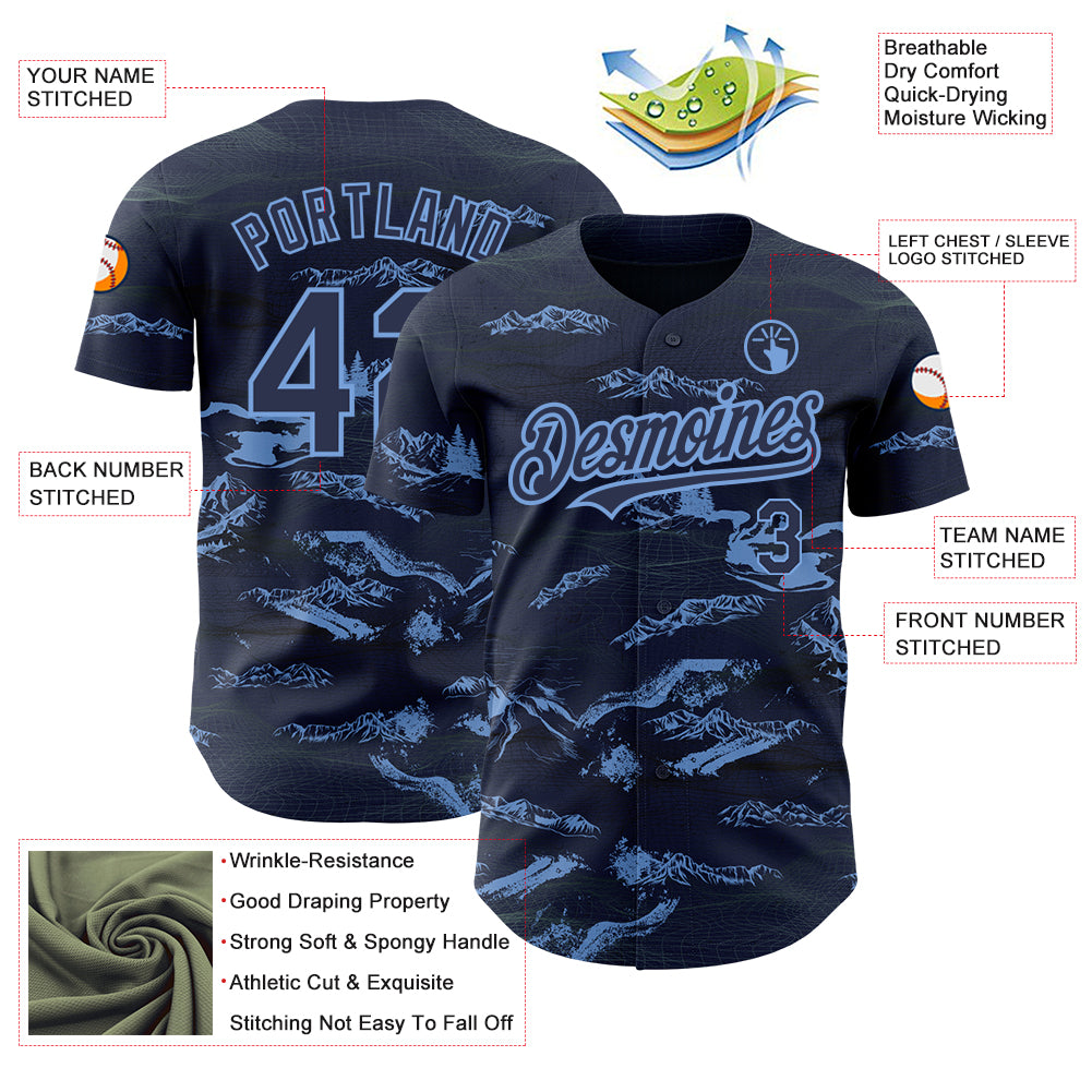 Custom Navy Light Blue 3D Pattern Design Mountain Authentic Baseball Jersey