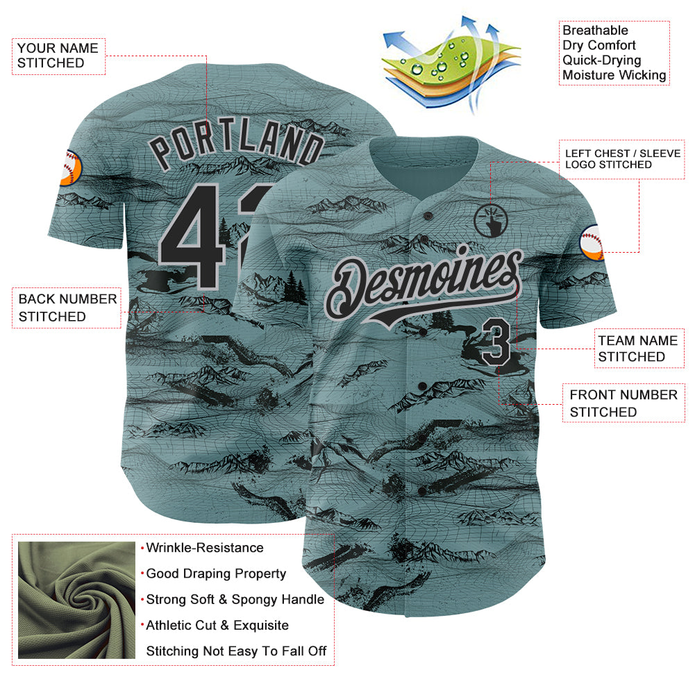 Custom Green Black Gray 3D Pattern Design Mountain Authentic Baseball Jersey