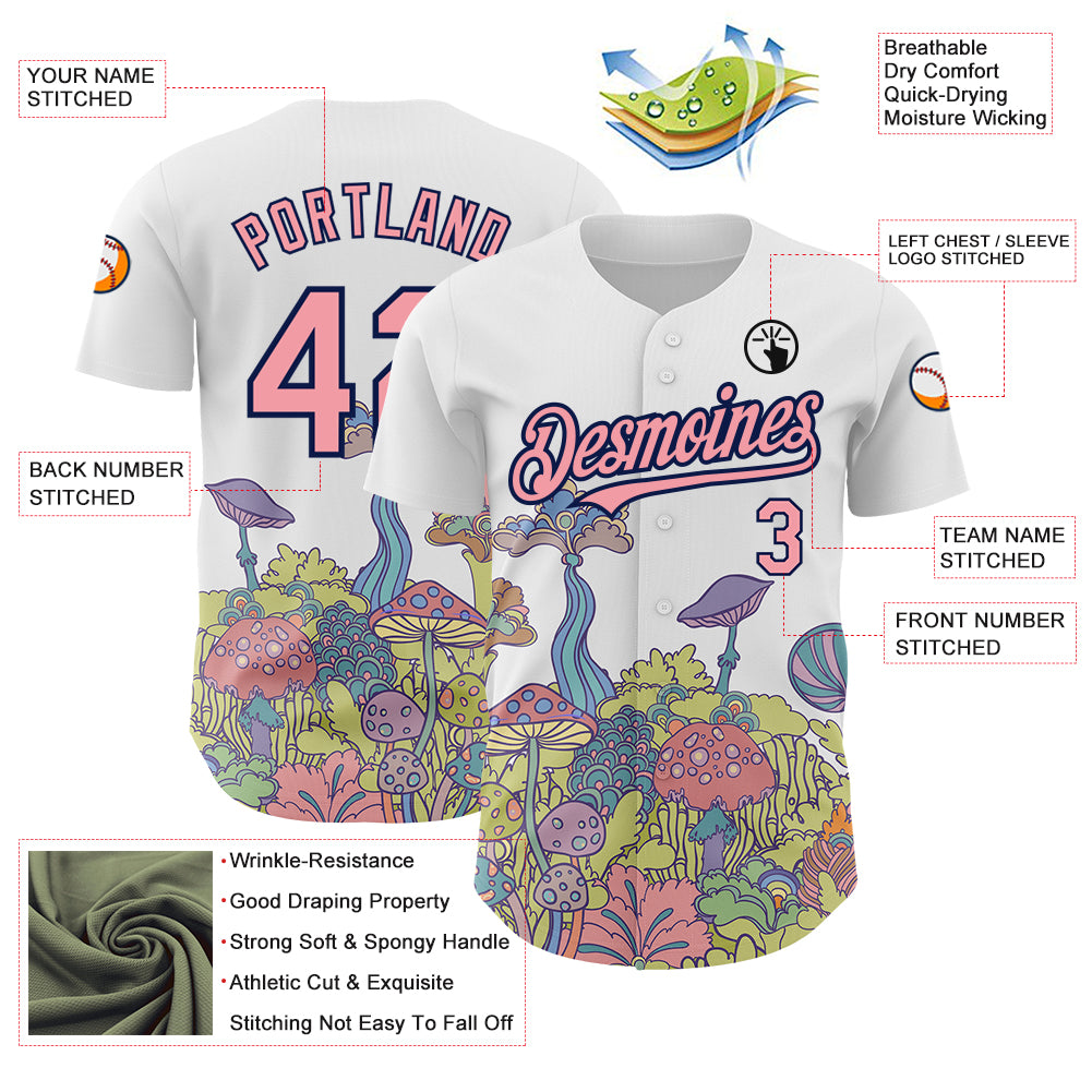 Custom White Medium Pink-Navy 3D Pattern Design Colorful Flowers And Mushrooms Psychedelic Hallucination Authentic Baseball Jersey
