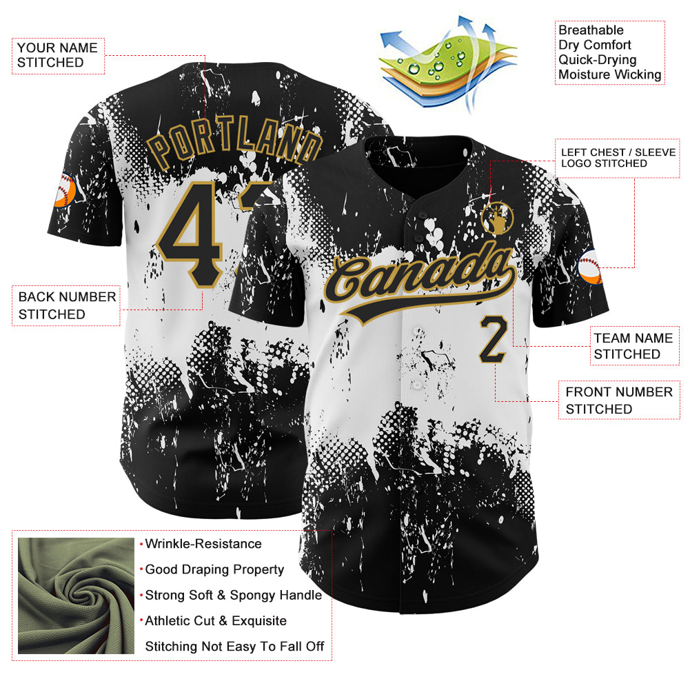 Custom Black White-Old Gold 3D Pattern Design Abstract Splatter Grunge Art Authentic Baseball Jersey