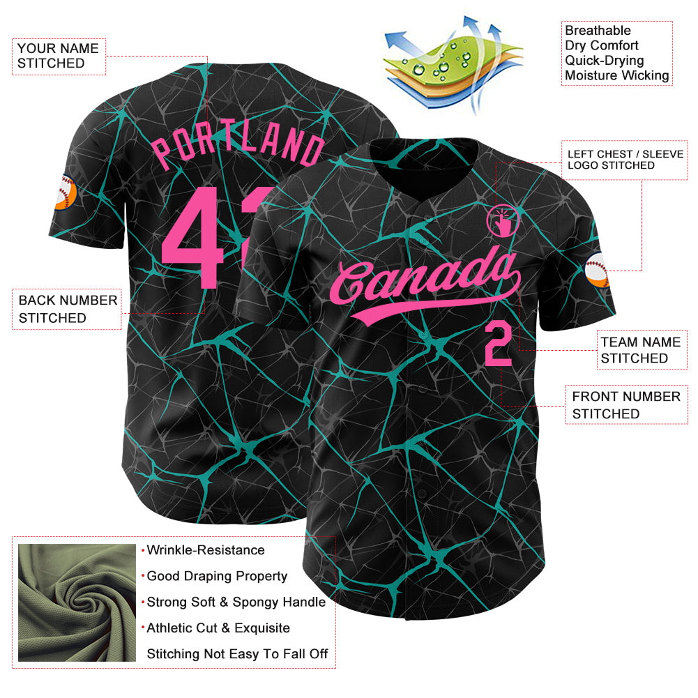 Custom Black Pink-Aqua 3D Pattern Design Abstract Network Authentic Baseball Jersey