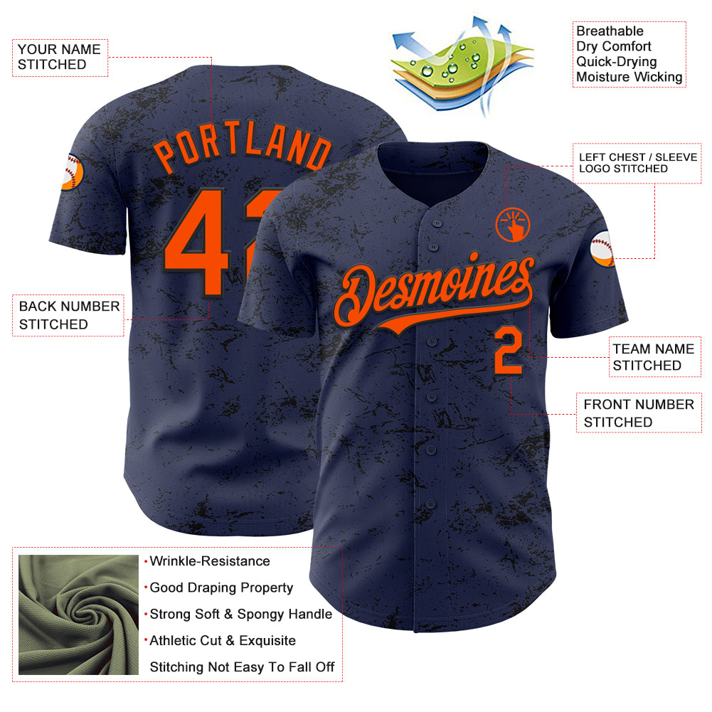 Custom Navy Orange-Black 3D Pattern Design Abstract Splatter Texture Authentic Baseball Jersey