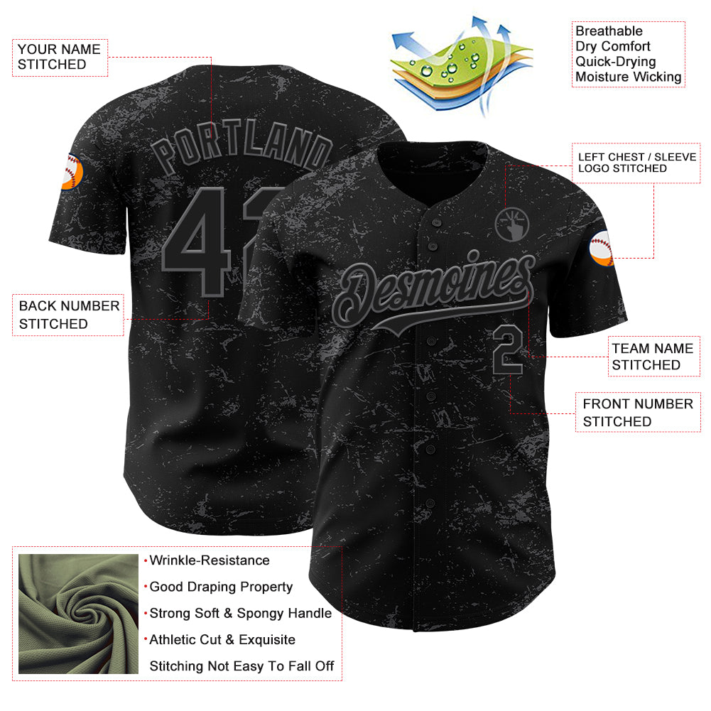 Custom Black Steel Gray 3D Pattern Design Abstract Splatter Texture Authentic Baseball Jersey