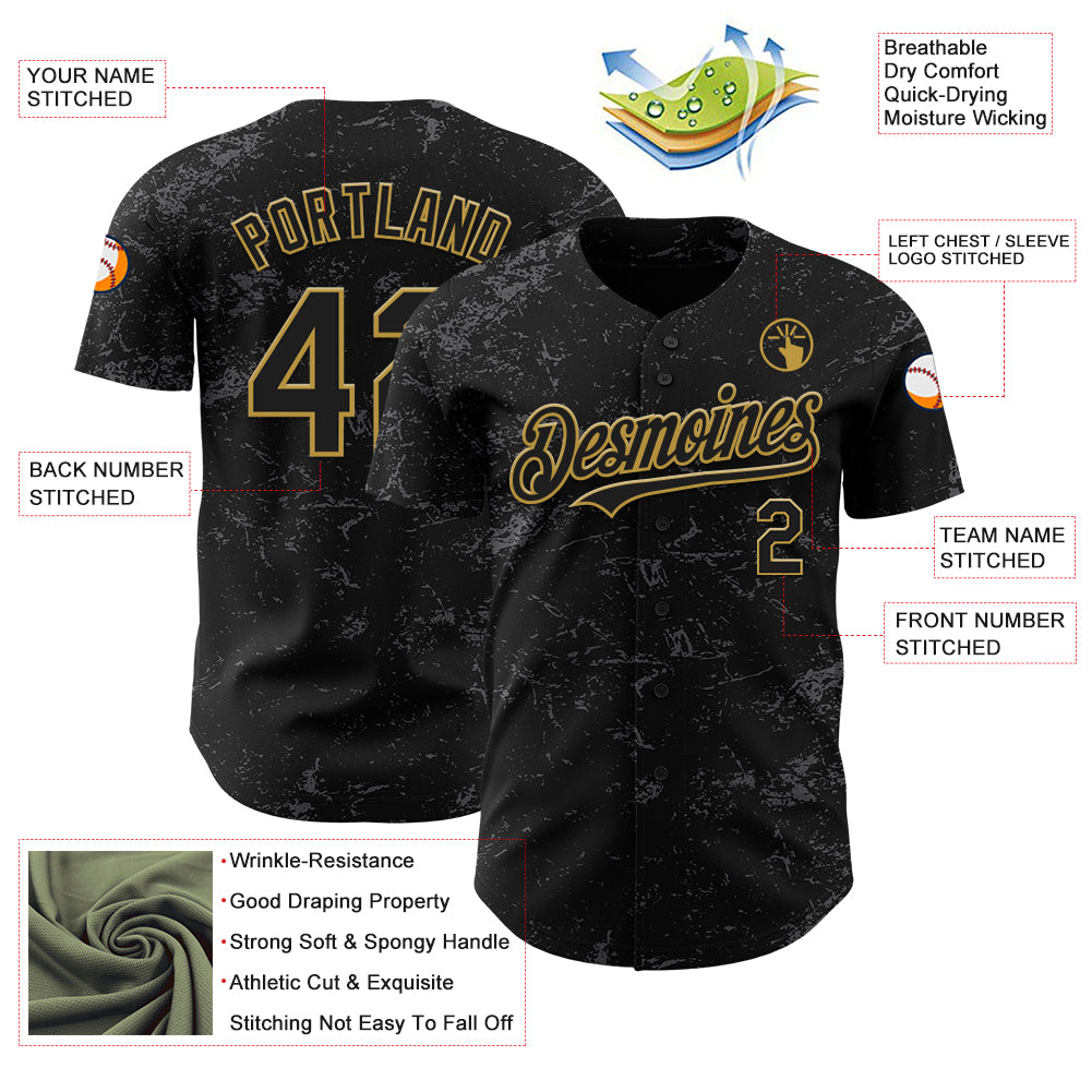 Custom Black Old Gold-Steel Gray 3D Pattern Design Abstract Splatter Texture Authentic Baseball Jersey