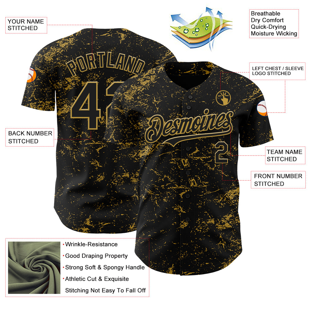 Custom Black Old Gold 3D Pattern Design Abstract Splatter Texture Authentic Baseball Jersey