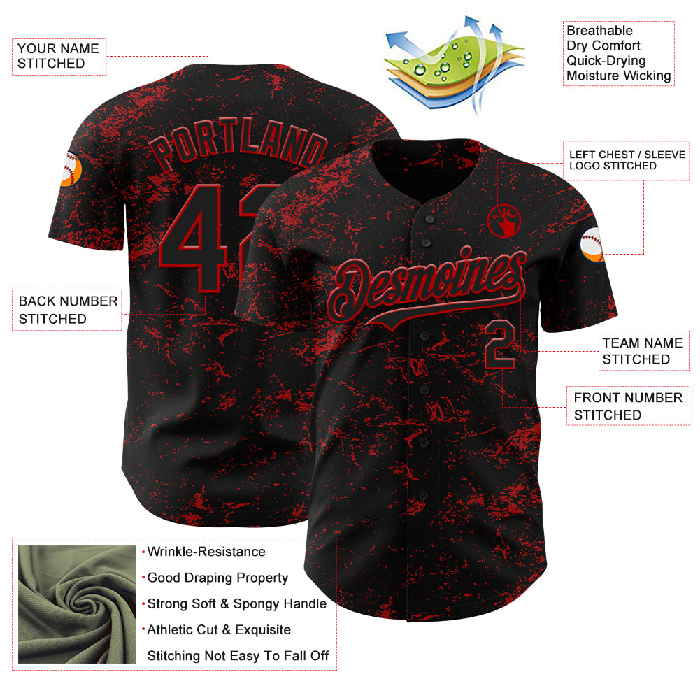 Custom Black Red 3D Pattern Design Abstract Splatter Texture Authentic Baseball Jersey