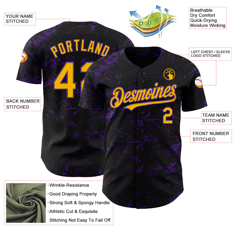 Custom Black Gold-Purple 3D Pattern Design Abstract Splatter Texture Authentic Baseball Jersey